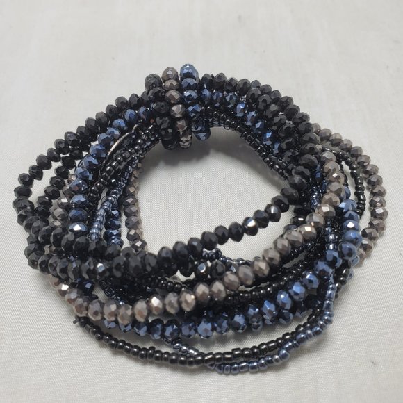 Ali Khan multi 12-strand black/hematite crystal glass stretch bracelet: - Picture 4 of 5